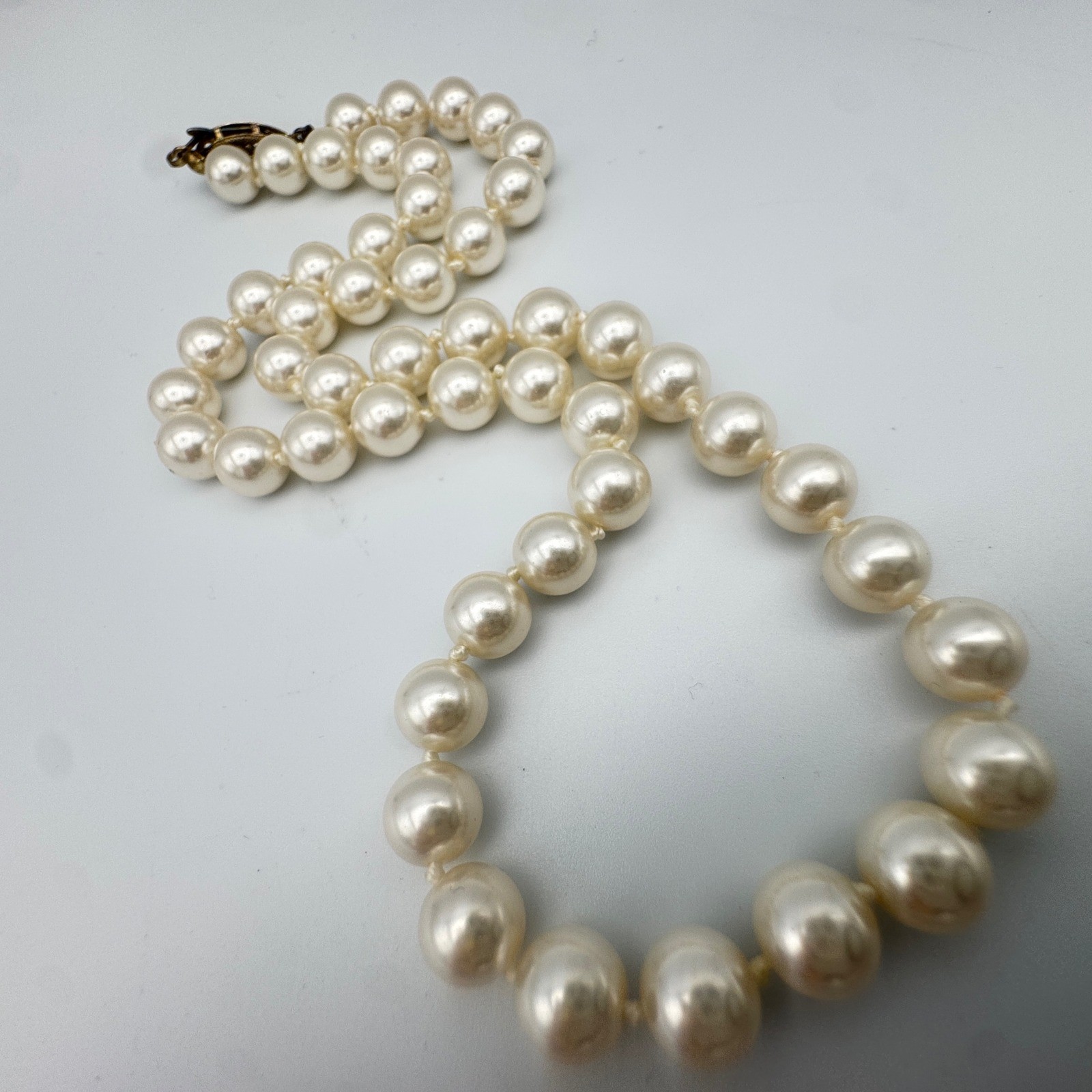 Hand Knotted Faux Pearl Strand Necklace Vintage Filigree Creamy White Clasp 18″