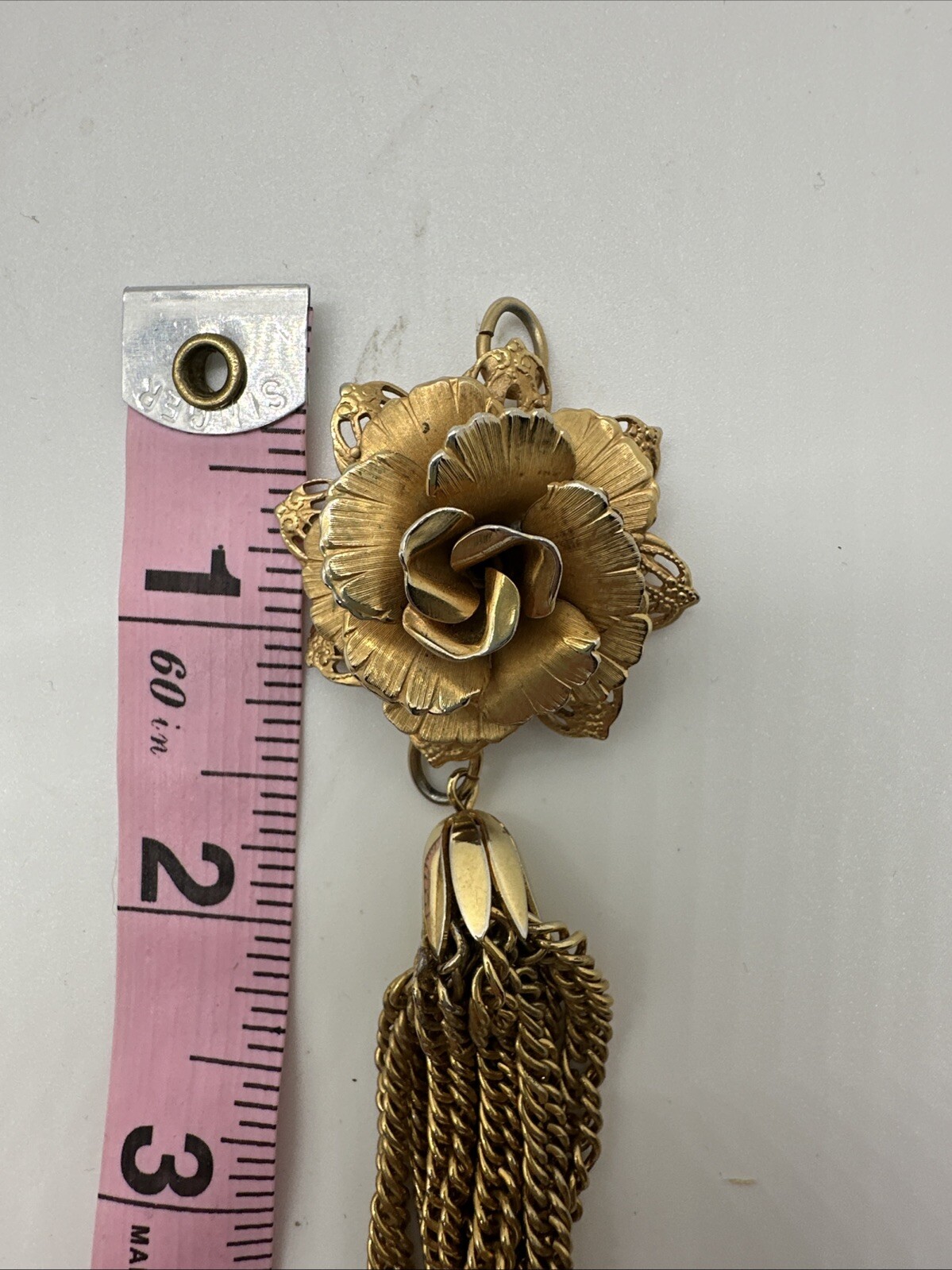 Vintage Rose Tassle Pendant Giovanni, 3.75 Inches Gold Tone Costume