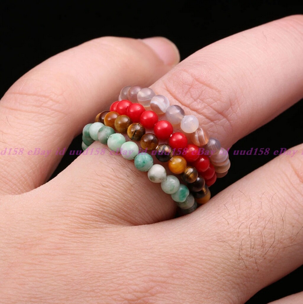 4mm Natural Multi-Color Gemstone Round Beads Circle Adjustable Stretchy Rings