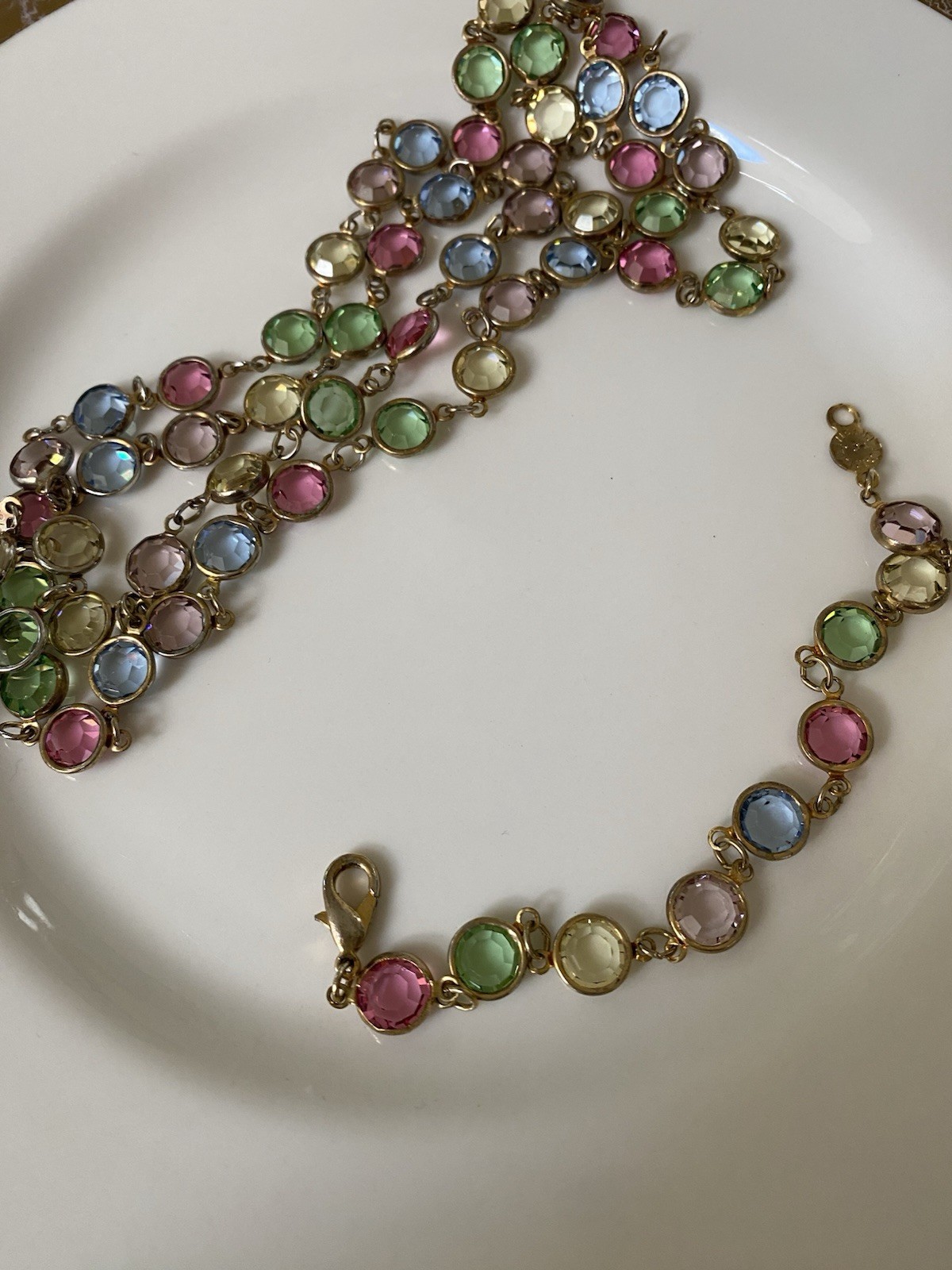 Marked Austrian Crystal necklace and bracelet set pastel colors, gold tone