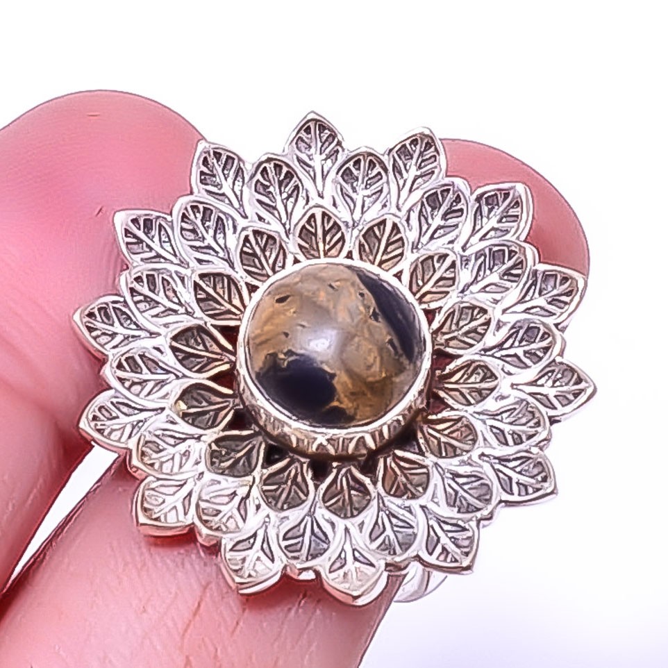 Copper Black Turquoise Silver Handmade Bali Flower Ring 8 T10