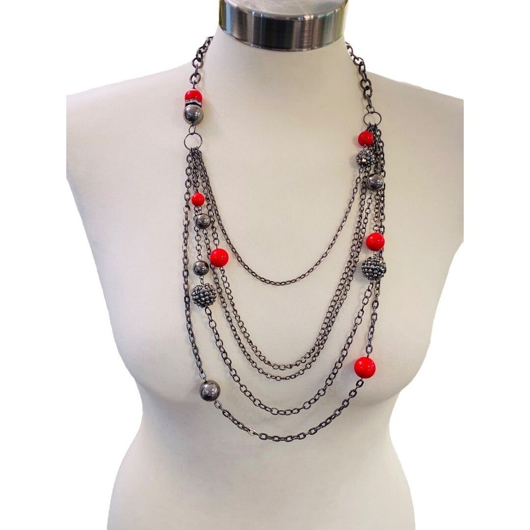 Pewter Color Layered Look Necklace Red Bead Lobster Clasp 27″ Long