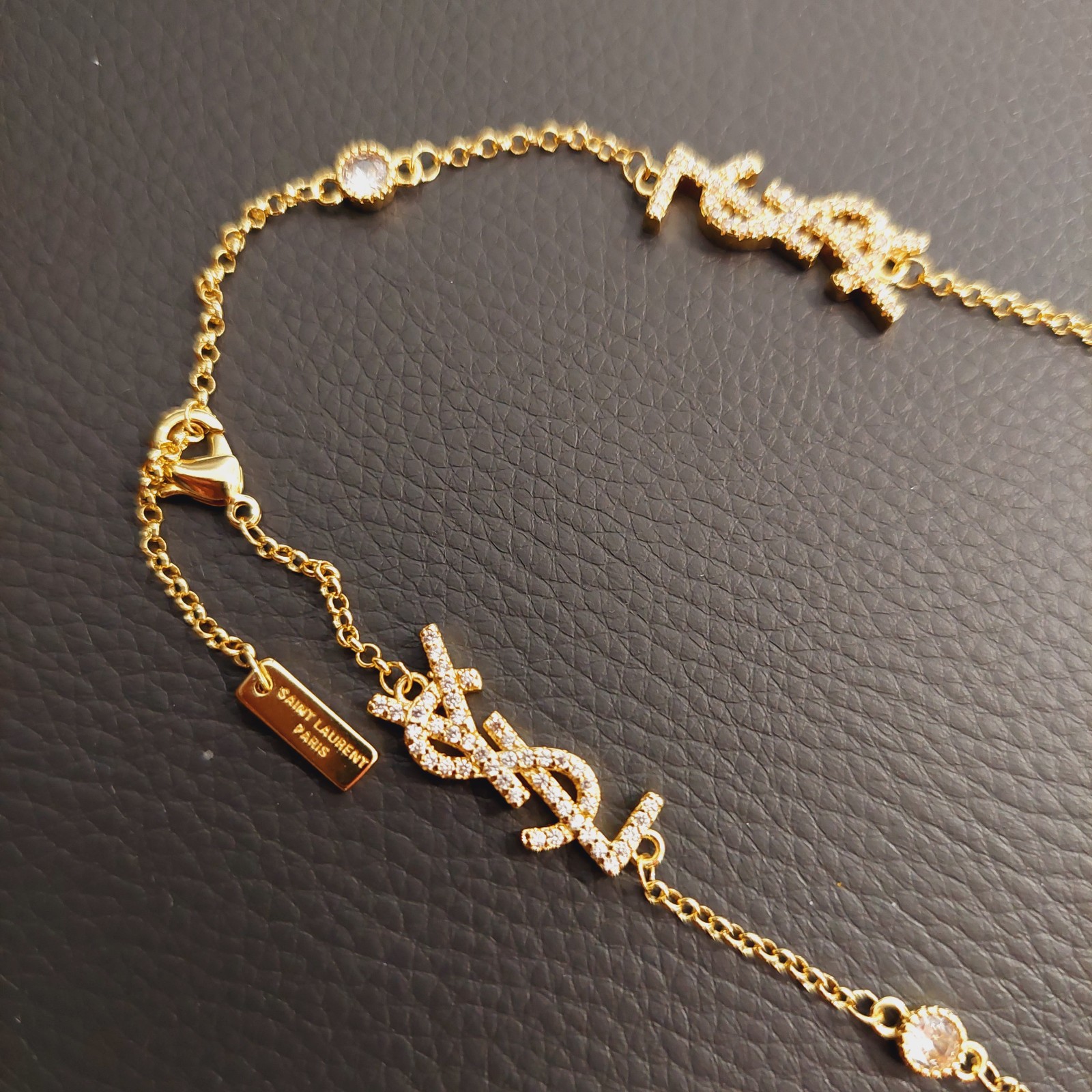 Auth. Yves Saint Laurent Signature YSL Logo Choker Crystal Studded Necklace