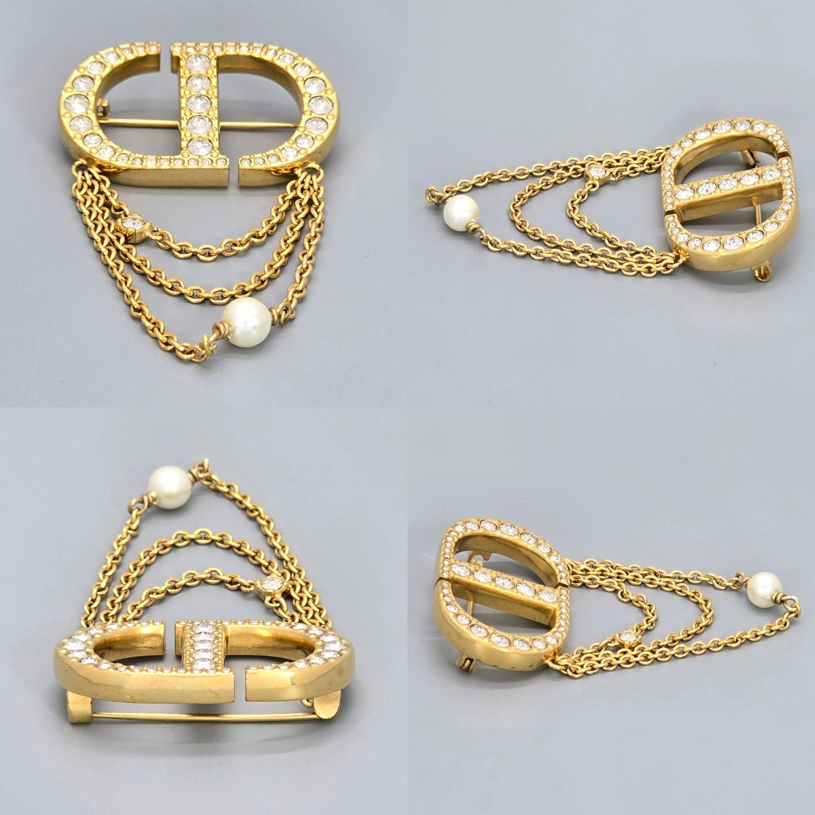DIOR Petit CD Brooch 5.5 cm Crystal Resin Pearls Gold-tone Metal Drop Chain