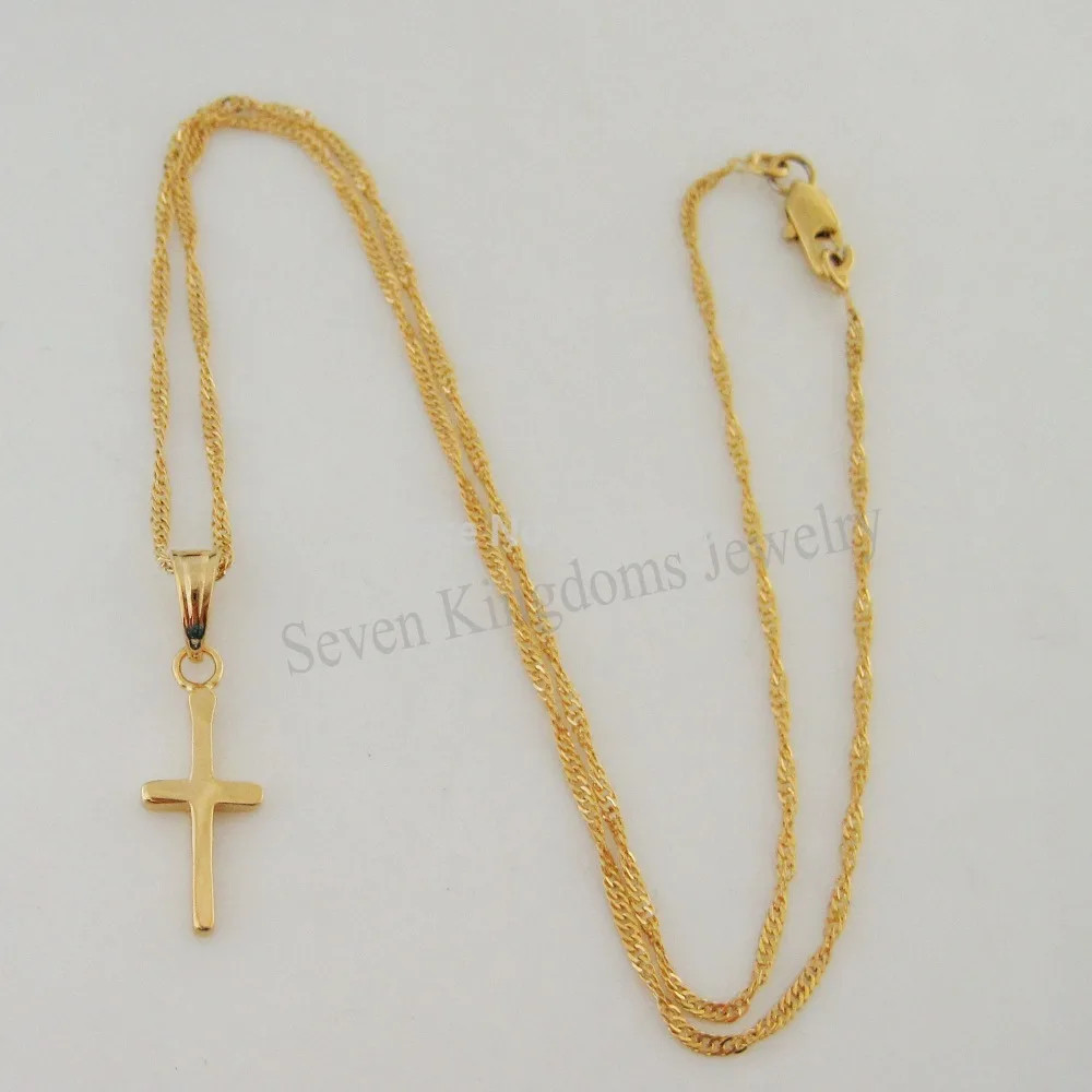 YELLOW GOLD COLOR 45CM WATER WAVE NECKLACE PLAIN SURFACE JESUS CROSS GOD PENDANT