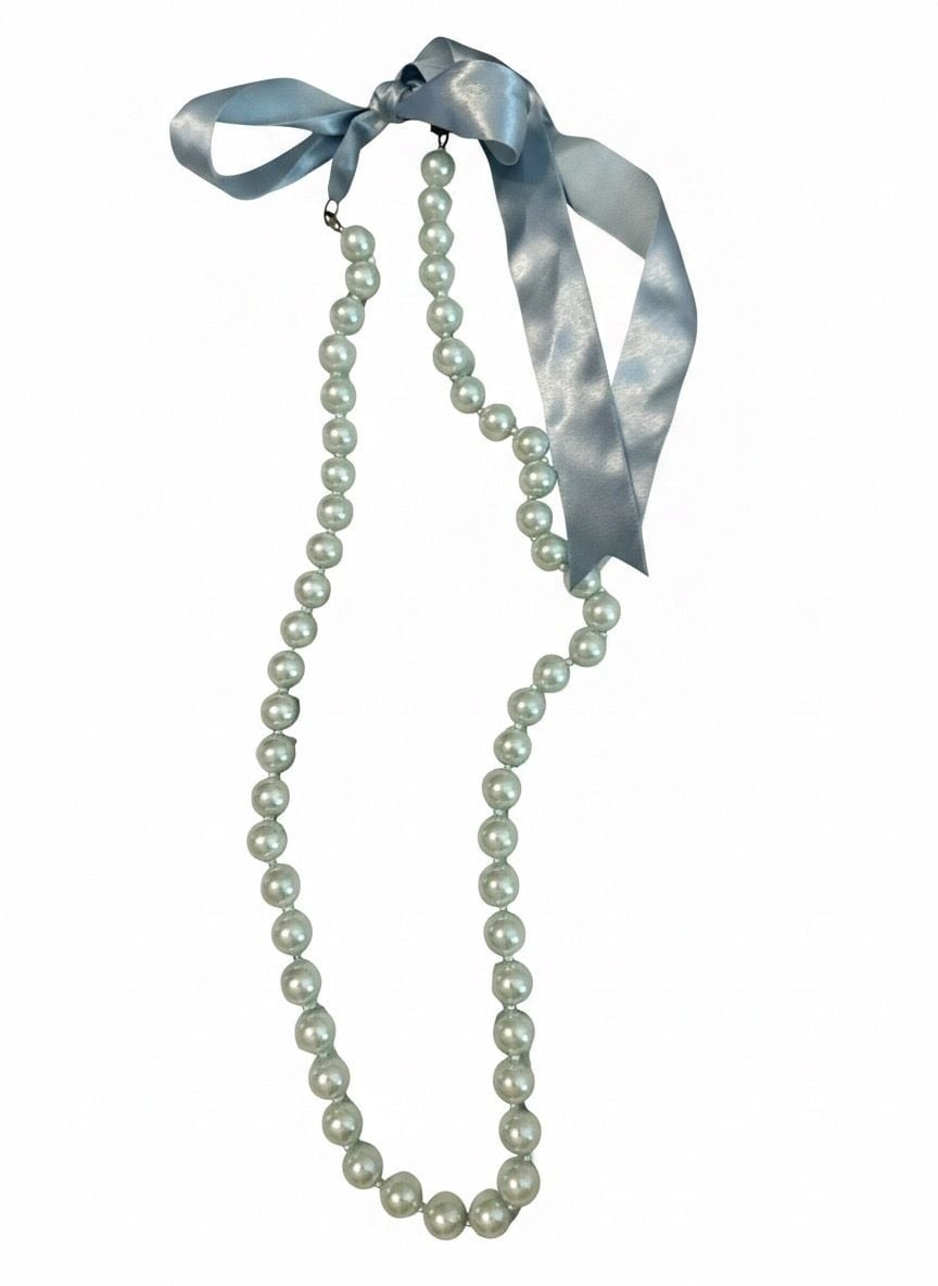 Faux Pearl Strand Necklace with Light Blue Satin Ribbon Bow Tie