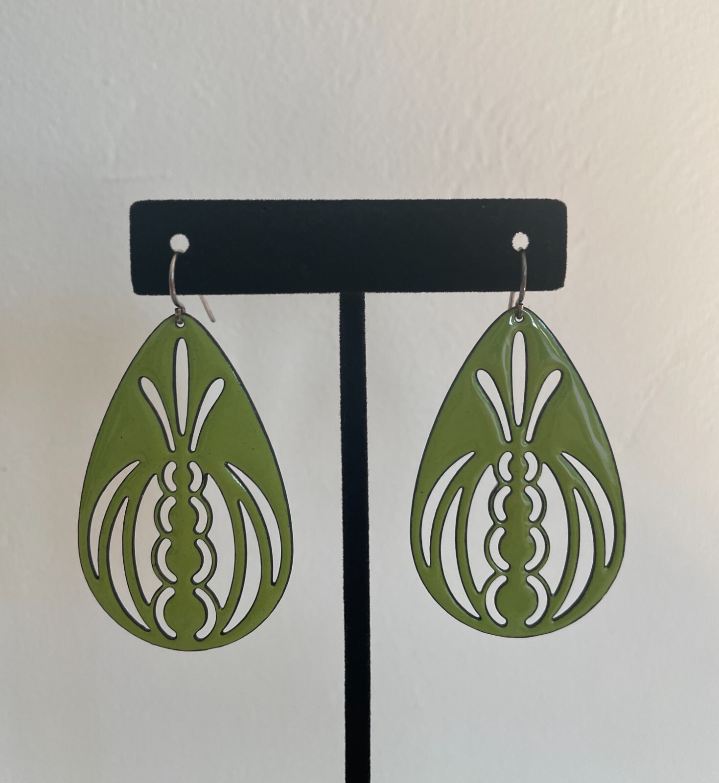 Vitreous Enamel Handcut Copper Earrings Art Deco Mod Geometric Handmade USA 2″