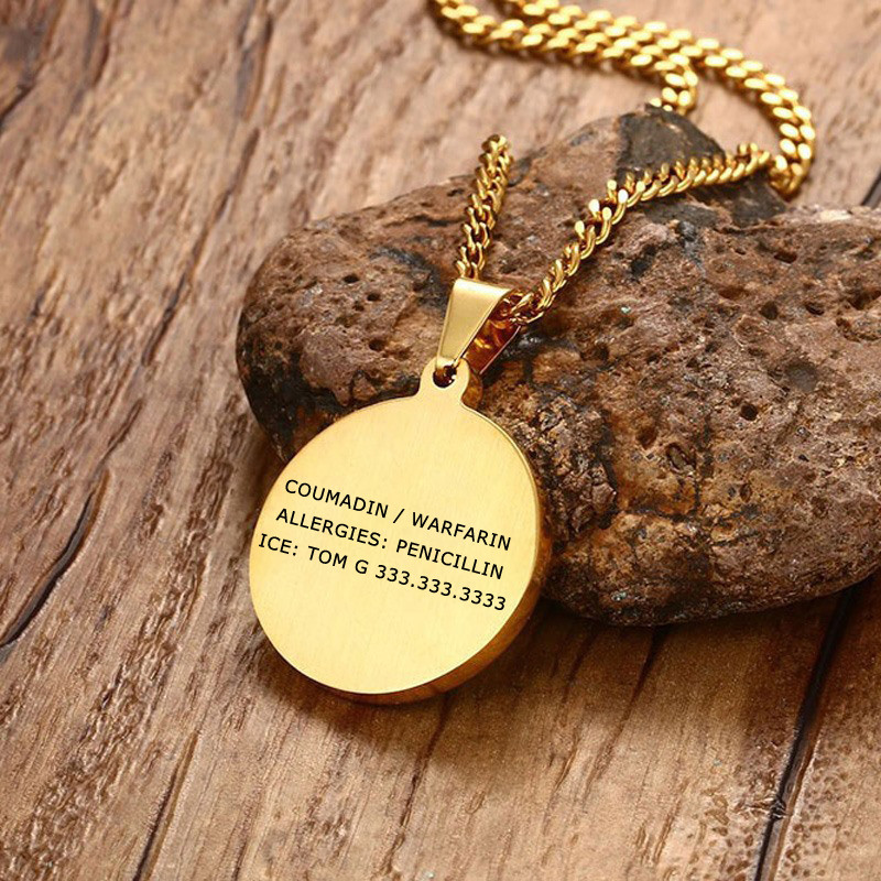Cubic Zirconia Medical Alert Pendant Men Necklace 24” Free Personalized Engrave