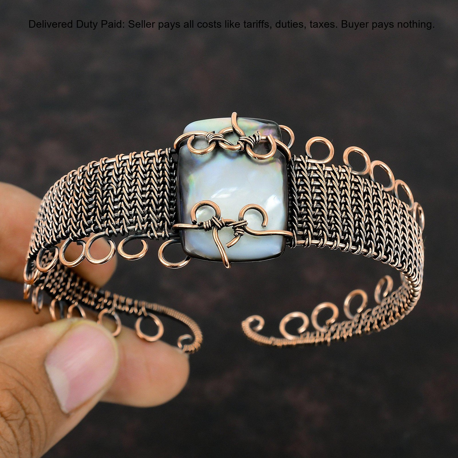 Copper Black Mother Of Pearl Stone Anniversary Wire Wrapped Wife Bangle Bracelet