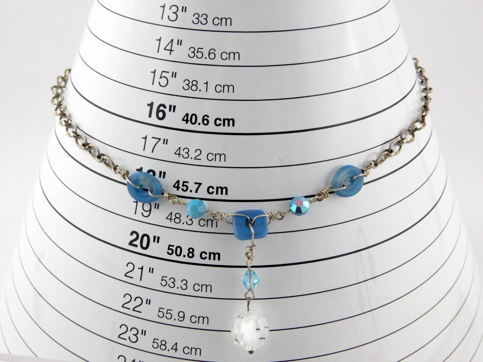 Silver Tone Metal and Art Glass Beaded Pendant Necklace Hook Clasp 17.5 Inches