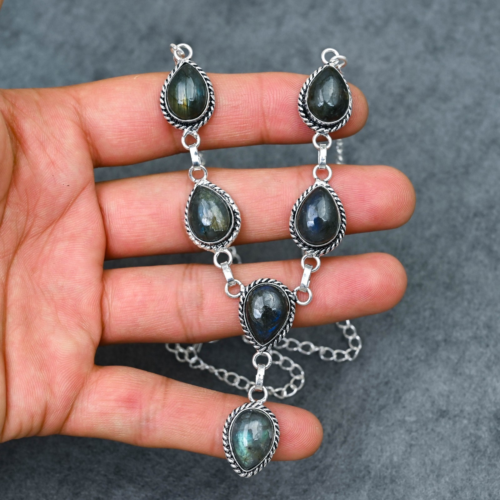 Silver Plated Labradorite Y-Necklace | Multi-Stone Milgrain Cabochon | Artisan