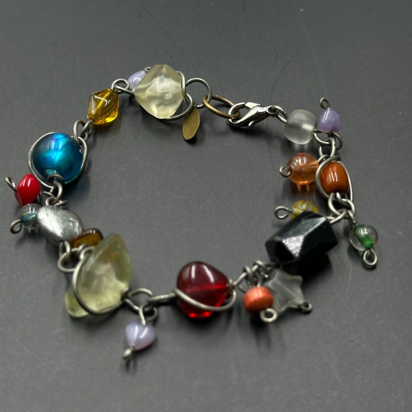ABRA Bracelet Silver Tone Multicolored Glass Beads Wire Wrapped Boho Artsy 7.5″