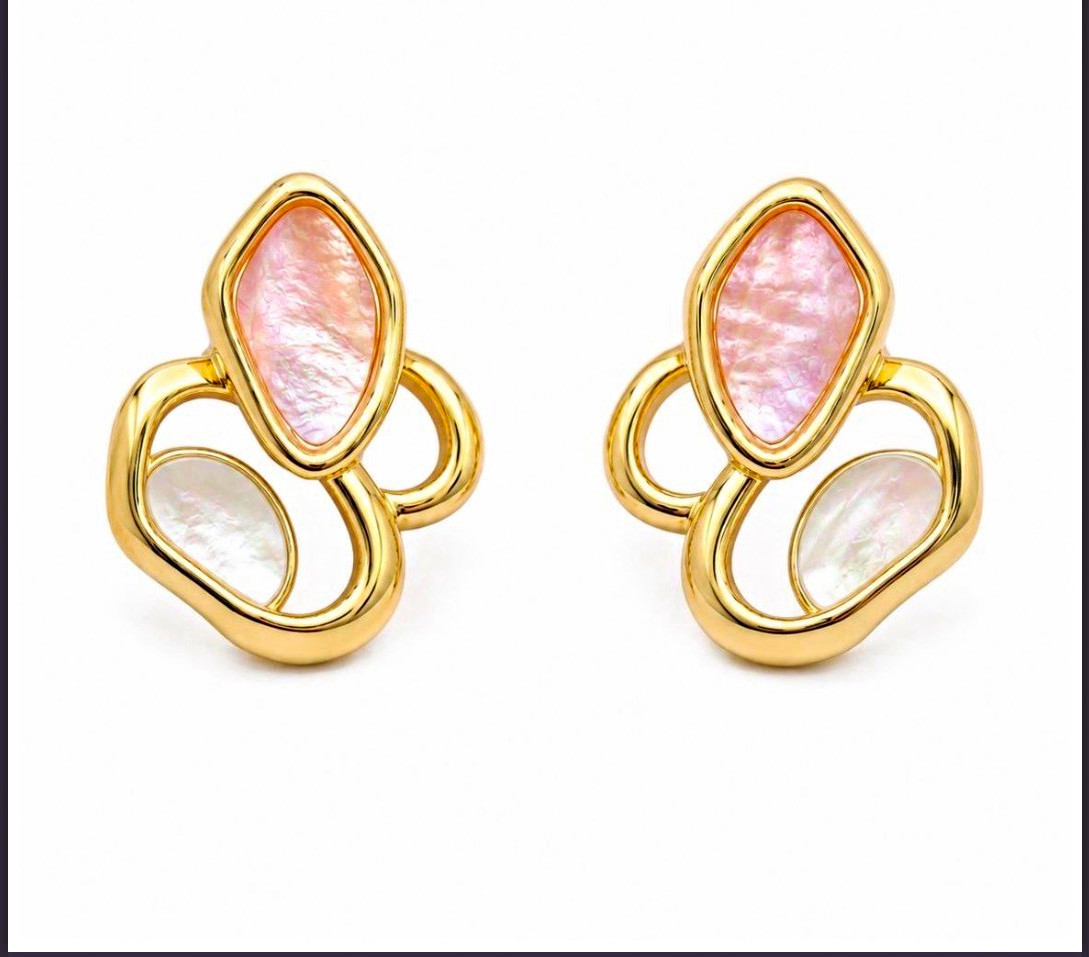 Gold Tone Pink White Inlay Stud Earrings Butterfly Back Lobe Metal Pair