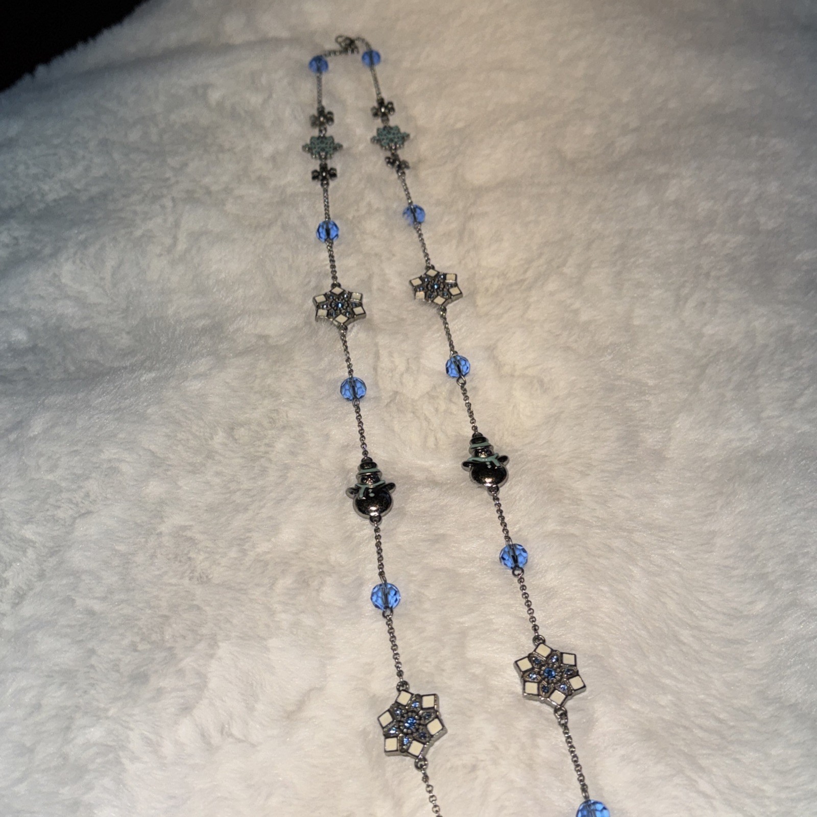 Vintage January Snowman Snowflake Layering Necklace 36 Inches Rhinestone Enamel