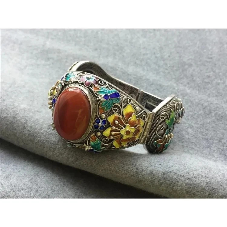 Ladies’ Vintage Handmade Floral Blue Inlaid Ruby Buckle Bracelet Ring