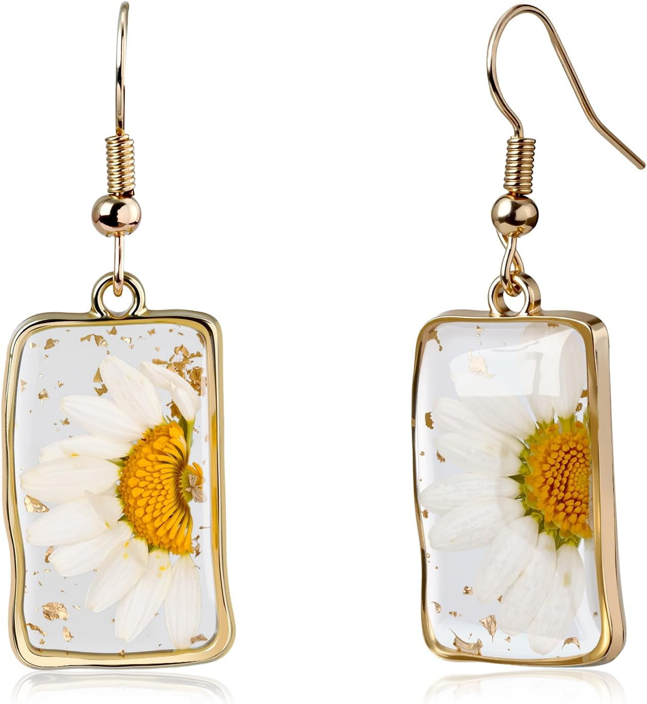 Dainty Pressed Daisy Earrings for Women 14K Gold Plated Resin Flower Dangle Earr