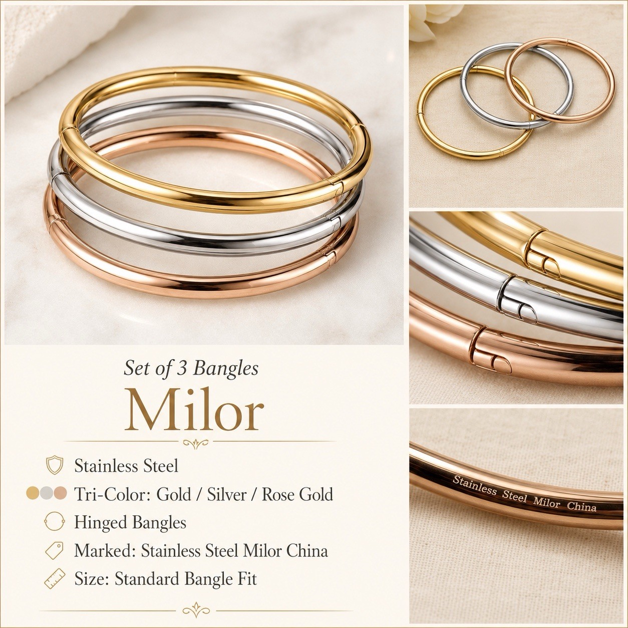 Milor Set of 3 Hinged Bangles Gold Silver Rose Gold 100g Stainless Steel
