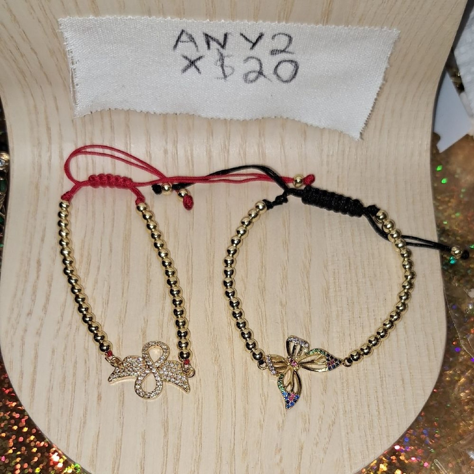 Gold plated Beaded Bracelets with Bow Charms It Fits In A 6″ To 8″ Size