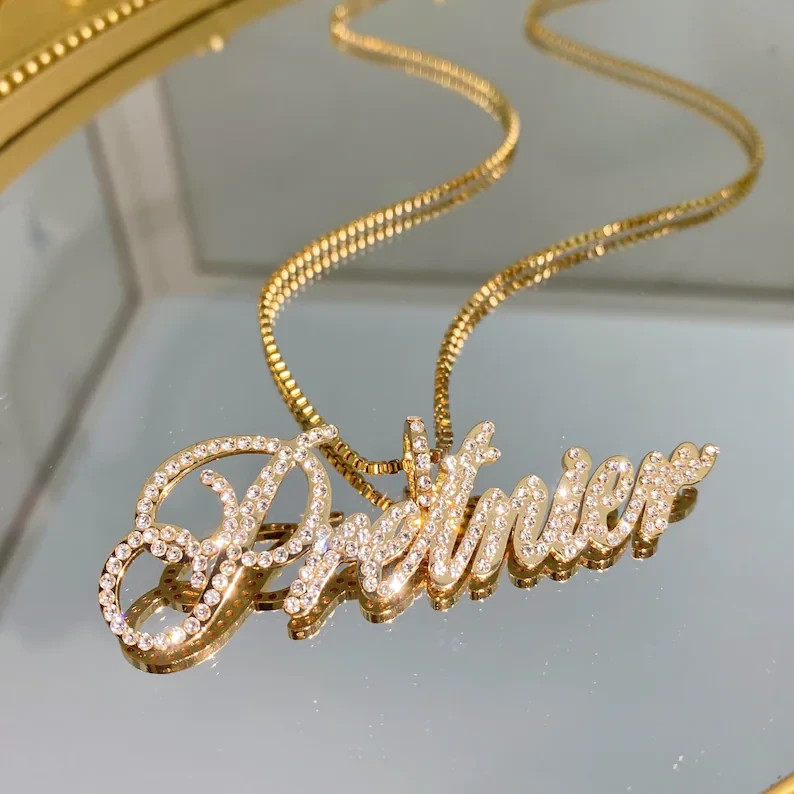 14K Yellow Gold Plated Personalized Name Pendant 3Ct Round Cut Simulated Diamond