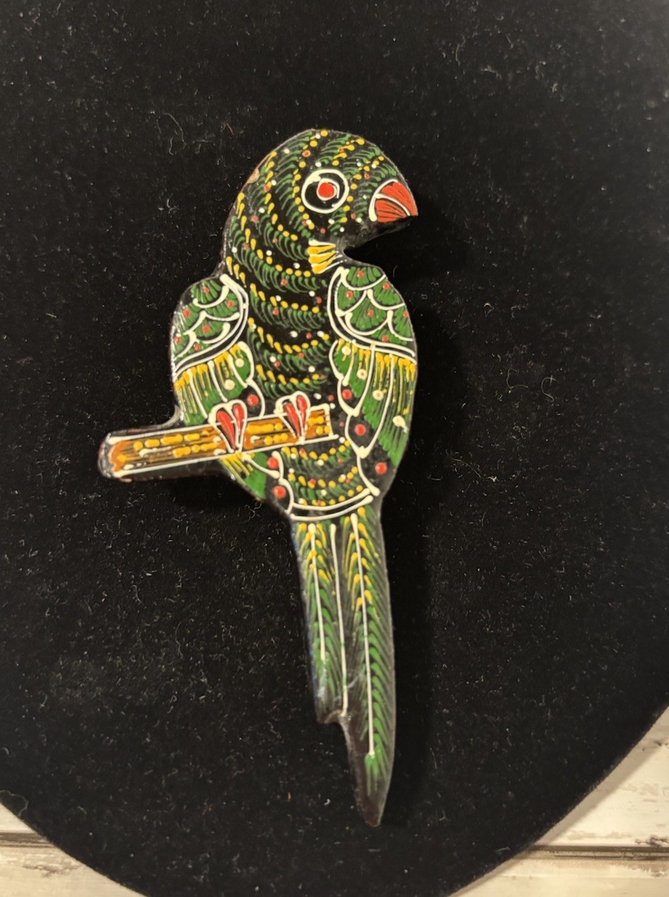 HandPainted Wood Parrot Bird Brooch Pin Folk Art Wildlife 3.5” Tropical