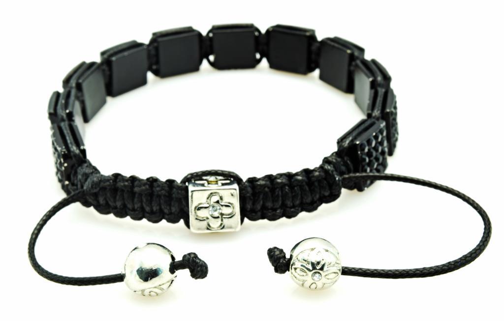 Mens Womens Black Rhinestone Pave Square Bead Cuff Bracelet Adjustable