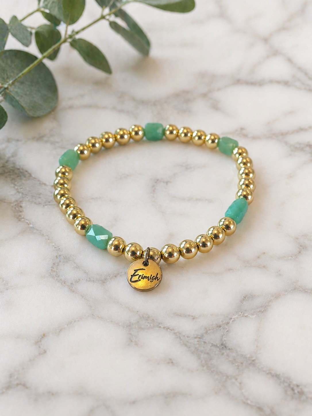Erimish Gold Tone & Mint Green Beaded Bracelet Stretch Costume Jewelry