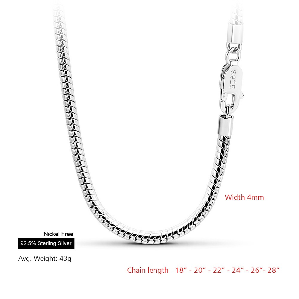 Genuine 925 Sterling Silver Round Snake Necklace 18″ to 28″ for Men Boys Women