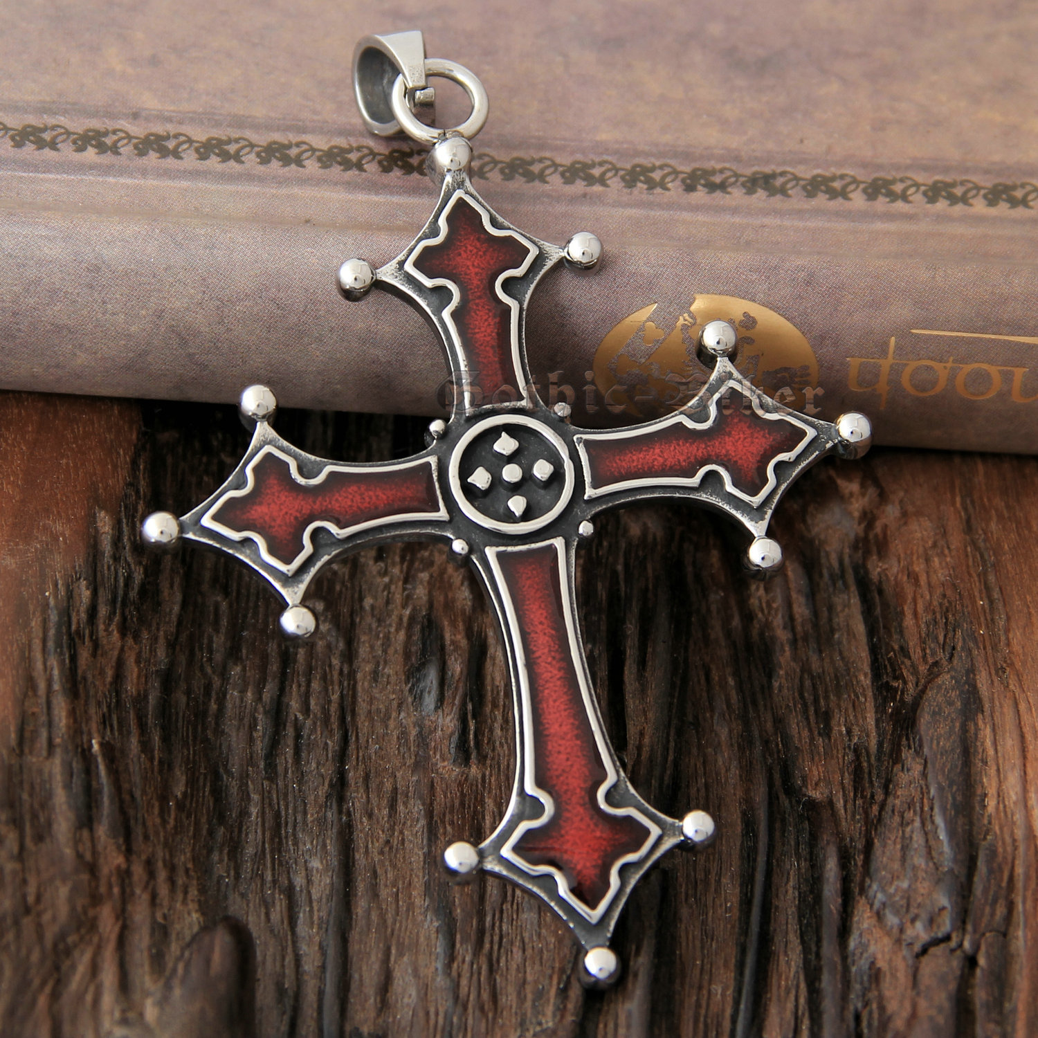 Men’s Gothic Bloody Red Enamel Solid 316L Stainless Steel Cross Necklace Pendant