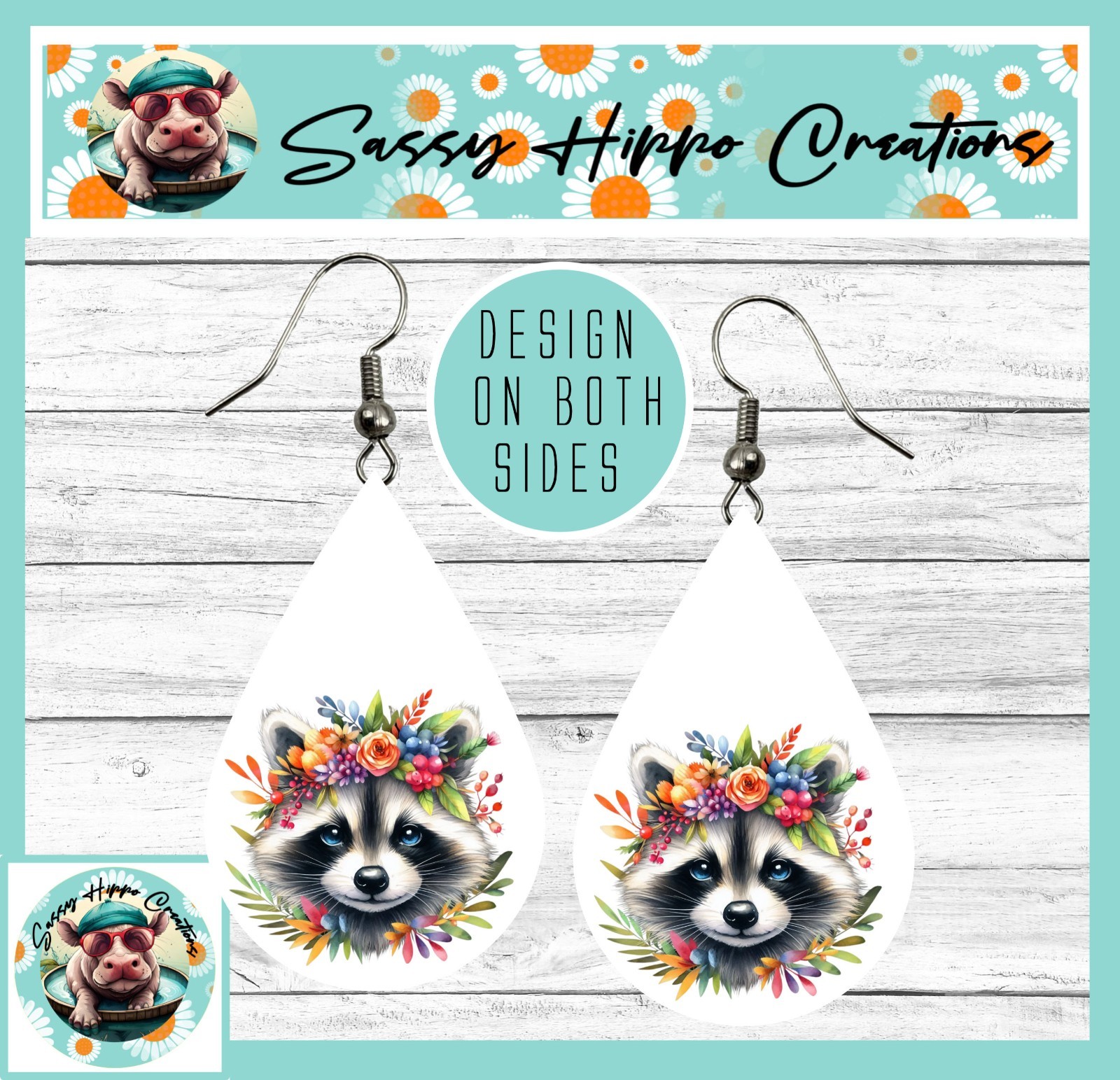Earrings Teardrop Silver Hook Backs Adorable Raccoon Colorful Flowers Sublimated