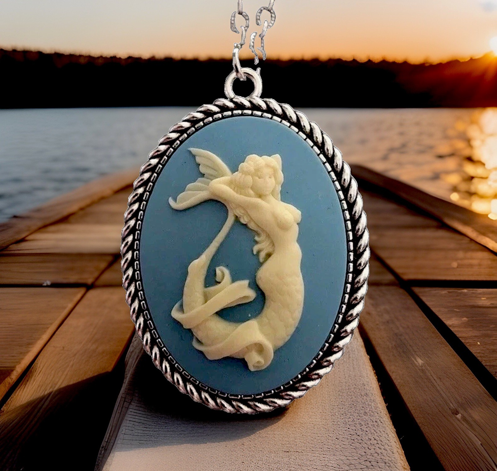 Vintage Mermaid Necklace, Sailor Jerry Tattoo Cameo Pendant, Wedgwood Blue color