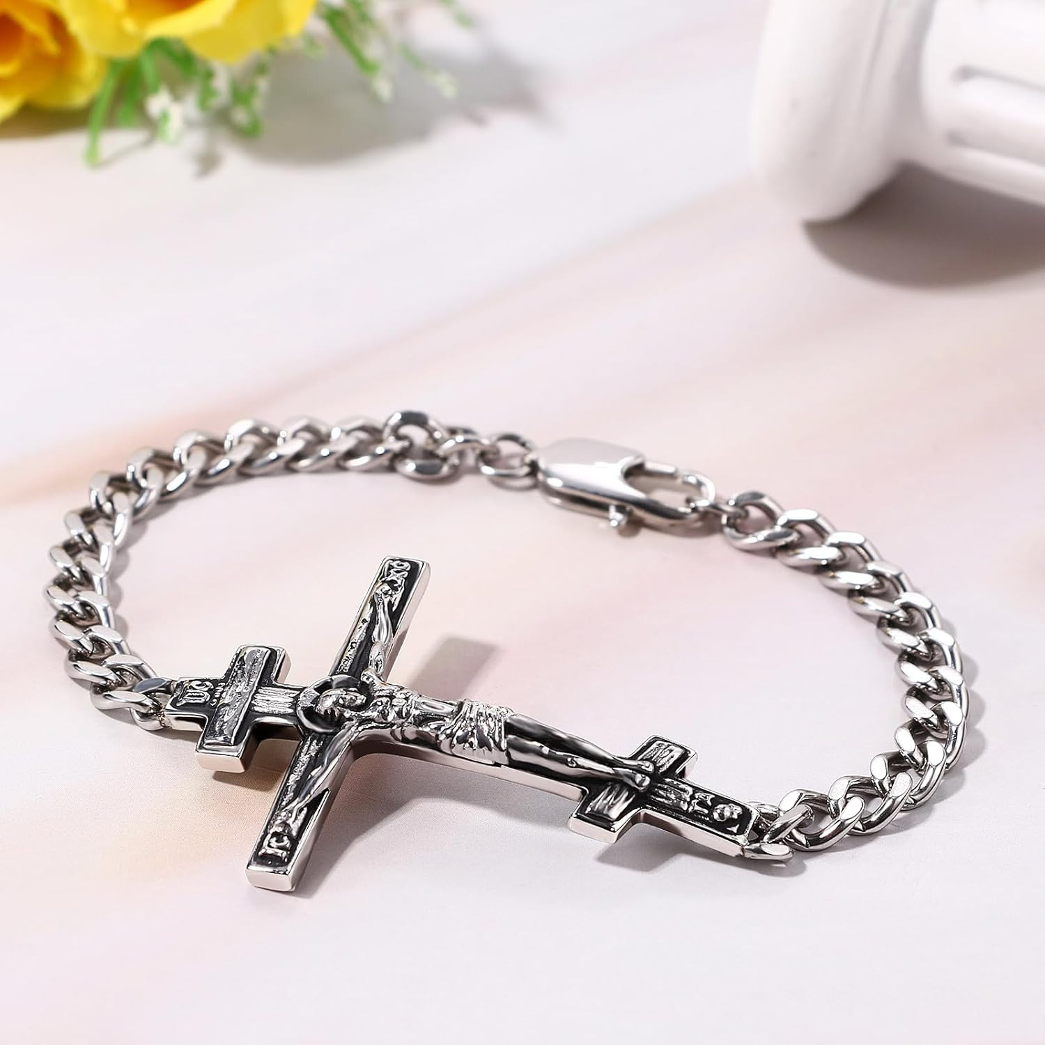 Orthodox Crucifix Cross Bracelet for Men: Stainless Steel Religious Jesus Cru…
