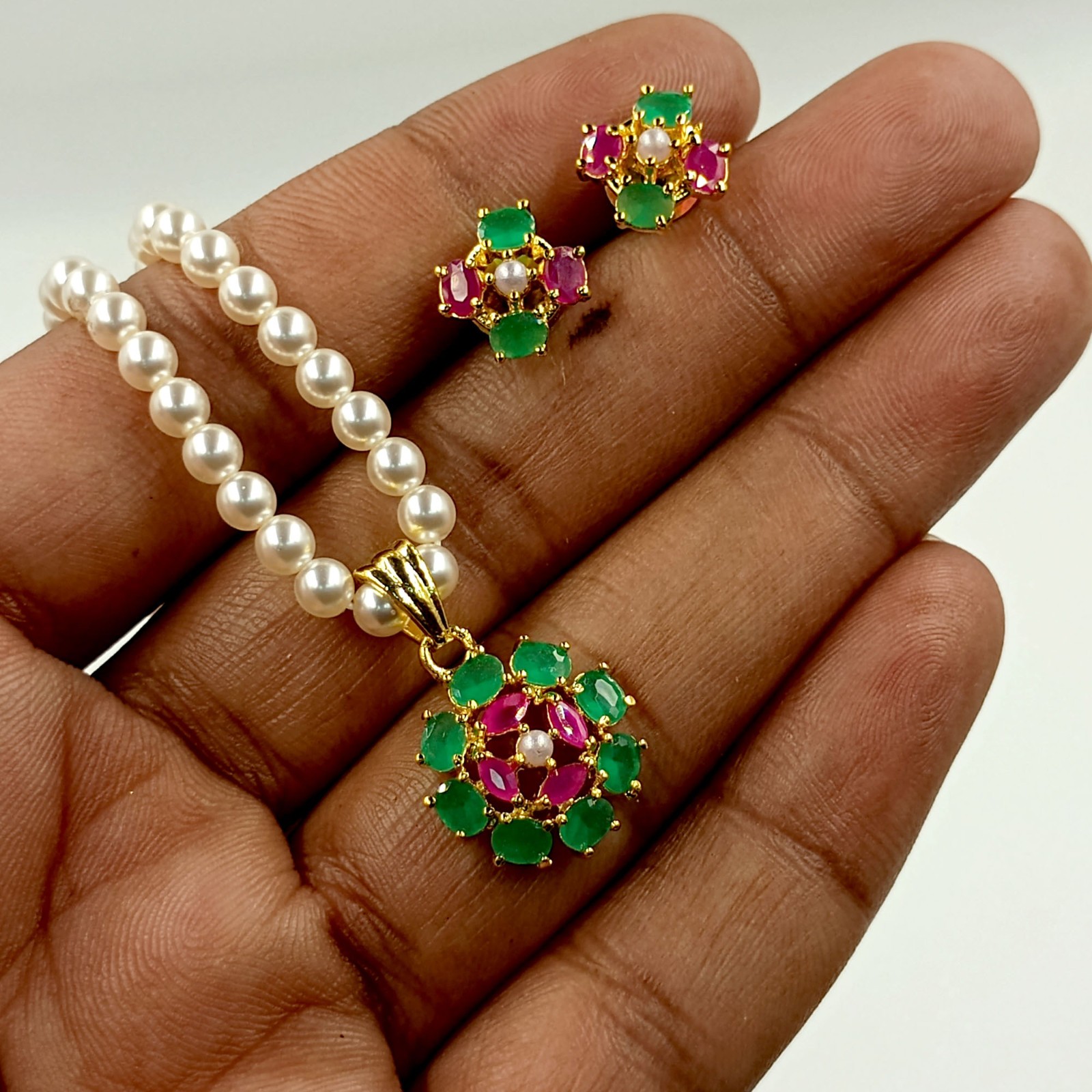 Ruby Emerald Pearl Pendant Set, 22k Gold Plated Traditional Indian Wedding Jewel
