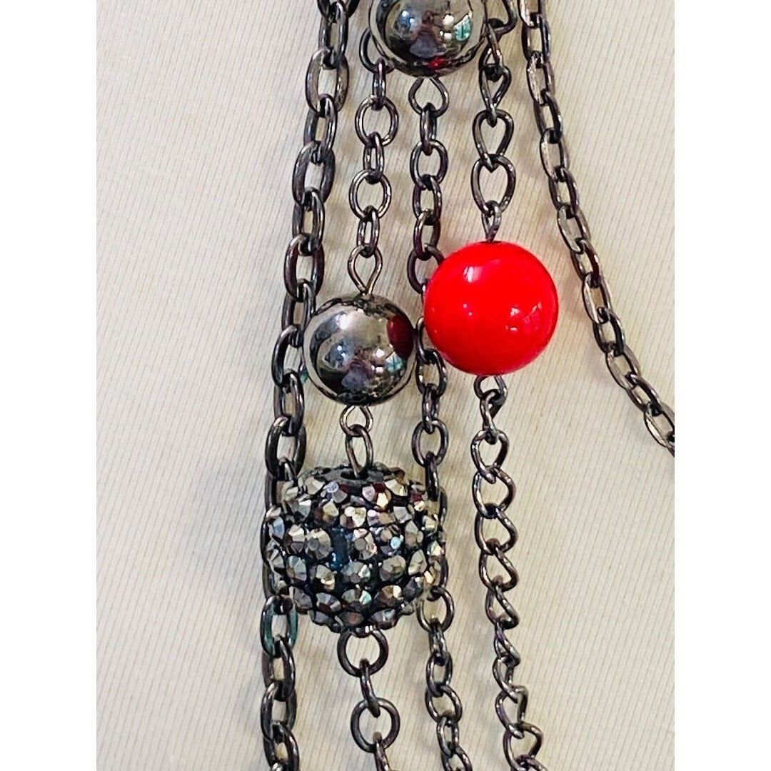 Pewter Color Layered Look Necklace Red Bead Lobster Clasp 27″ Long