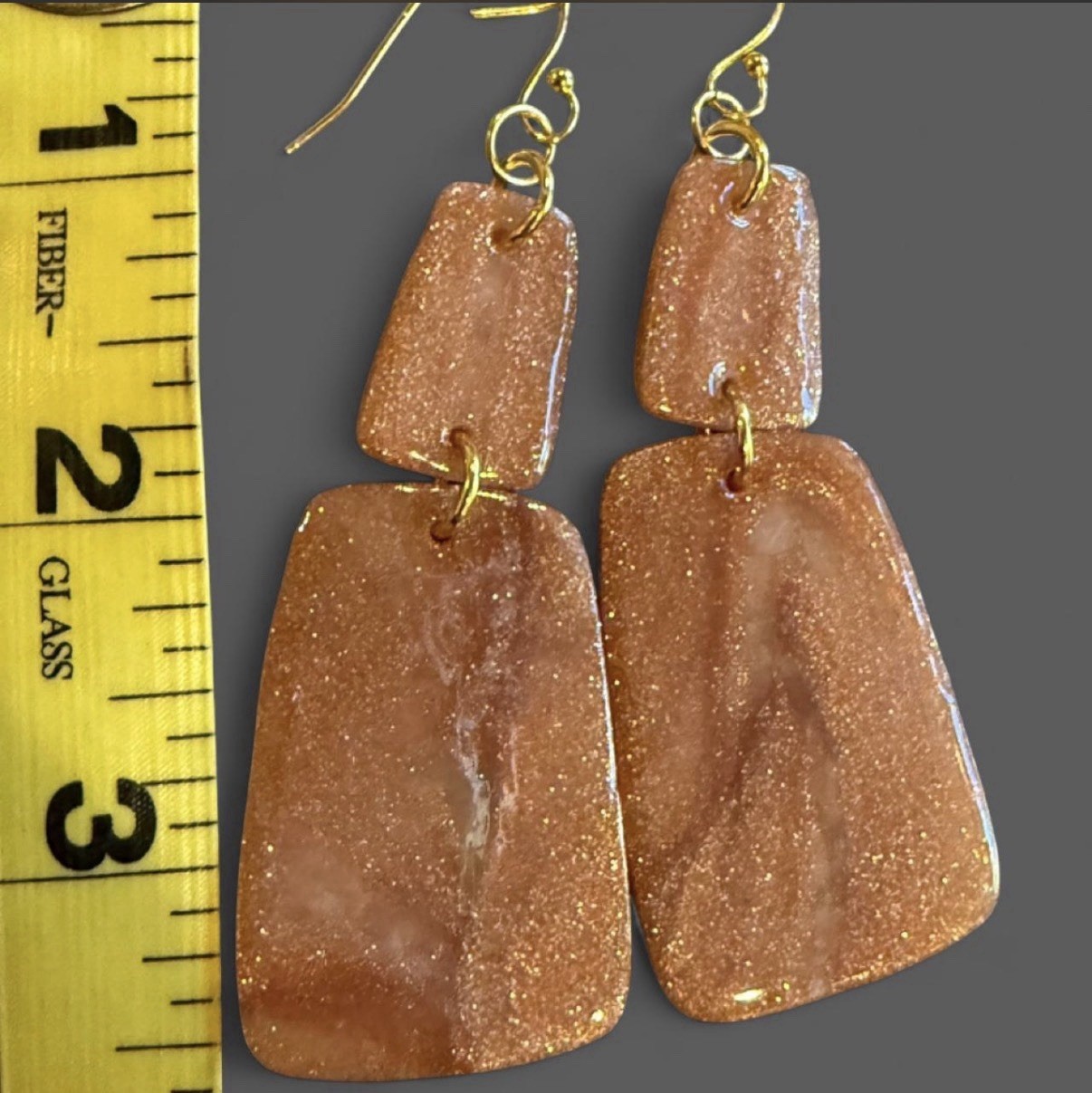 Gold Glitter Resin Rectangle Dangle Drop Hook Earrings 2.75 In No Stone