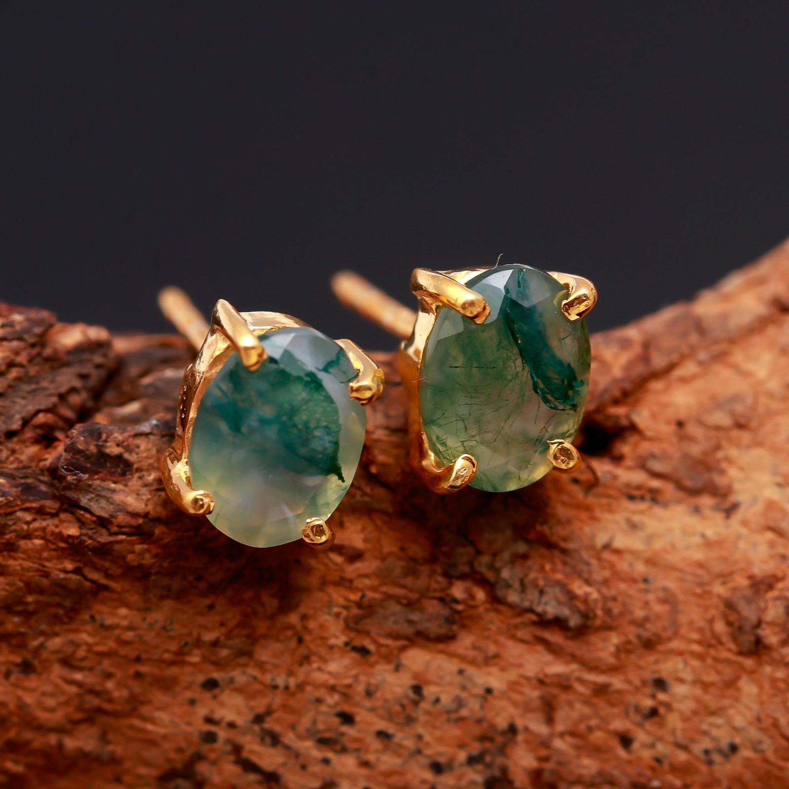 Natural Moss Agate Oval Stud Earrings Gold Plated 925 Sterling Silver Jewelry