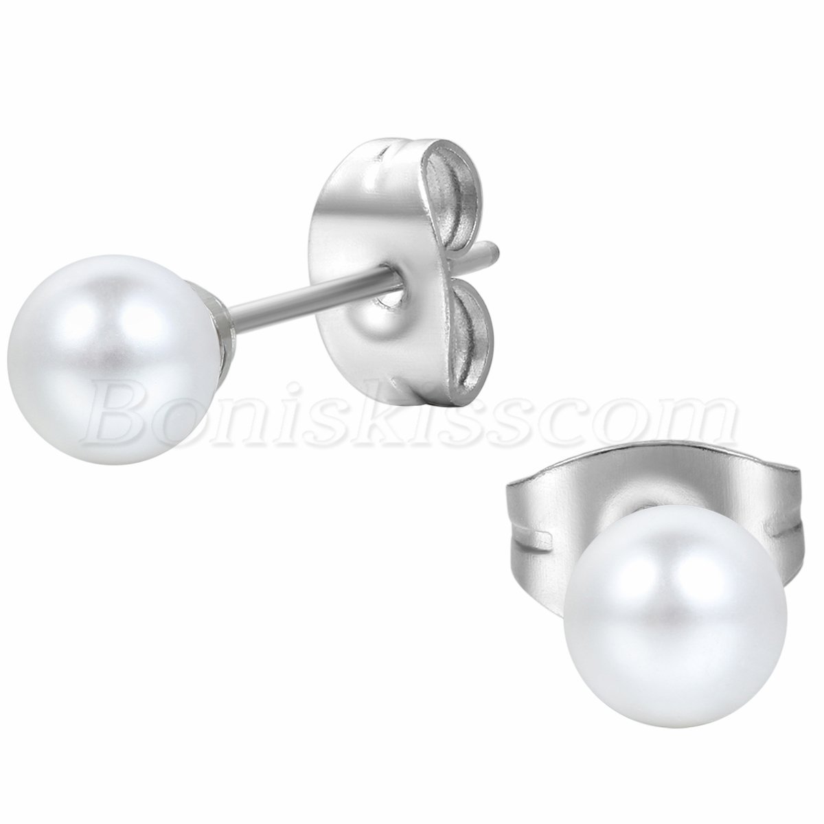 Women Ladies Stainless Steel Imitation Pearl Round Ball Ear Studs Charm Earrings