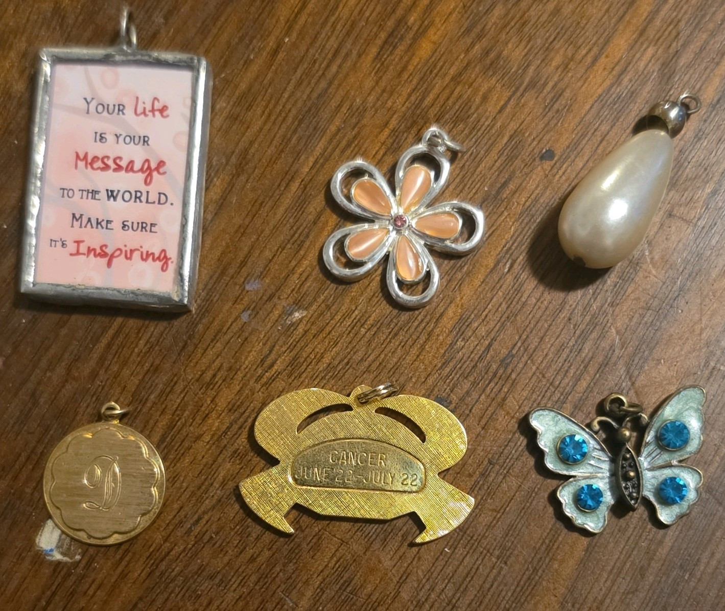Lot of 6 Assorted Charm Pendants: Cancer, Butterfly, Flower, Pearl Drop, Quote