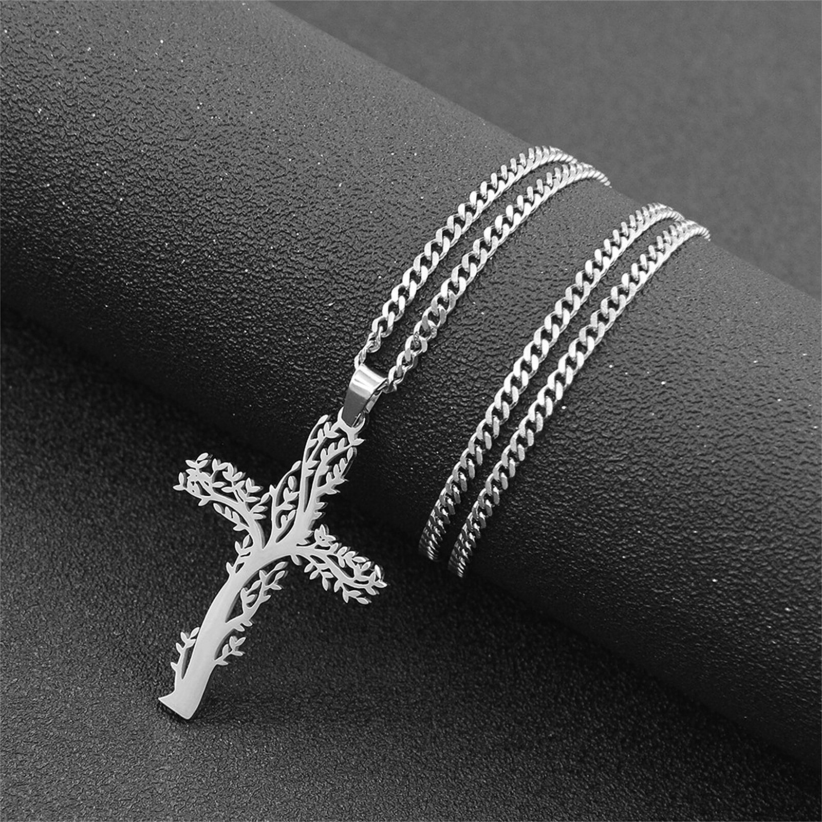 Religious Cross Tree of Life Stainless Steel Talisman Pendant Necklace Men Women