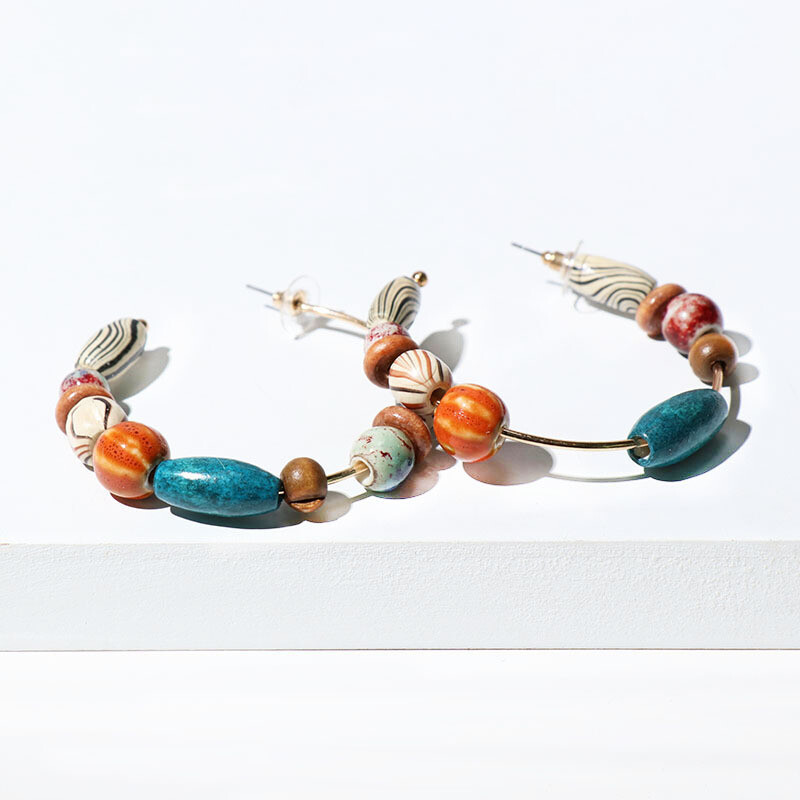 Wooden Beaded Hoop Earrings, 4 Colors, Your Choice Yellow, Blue, Black or Brown