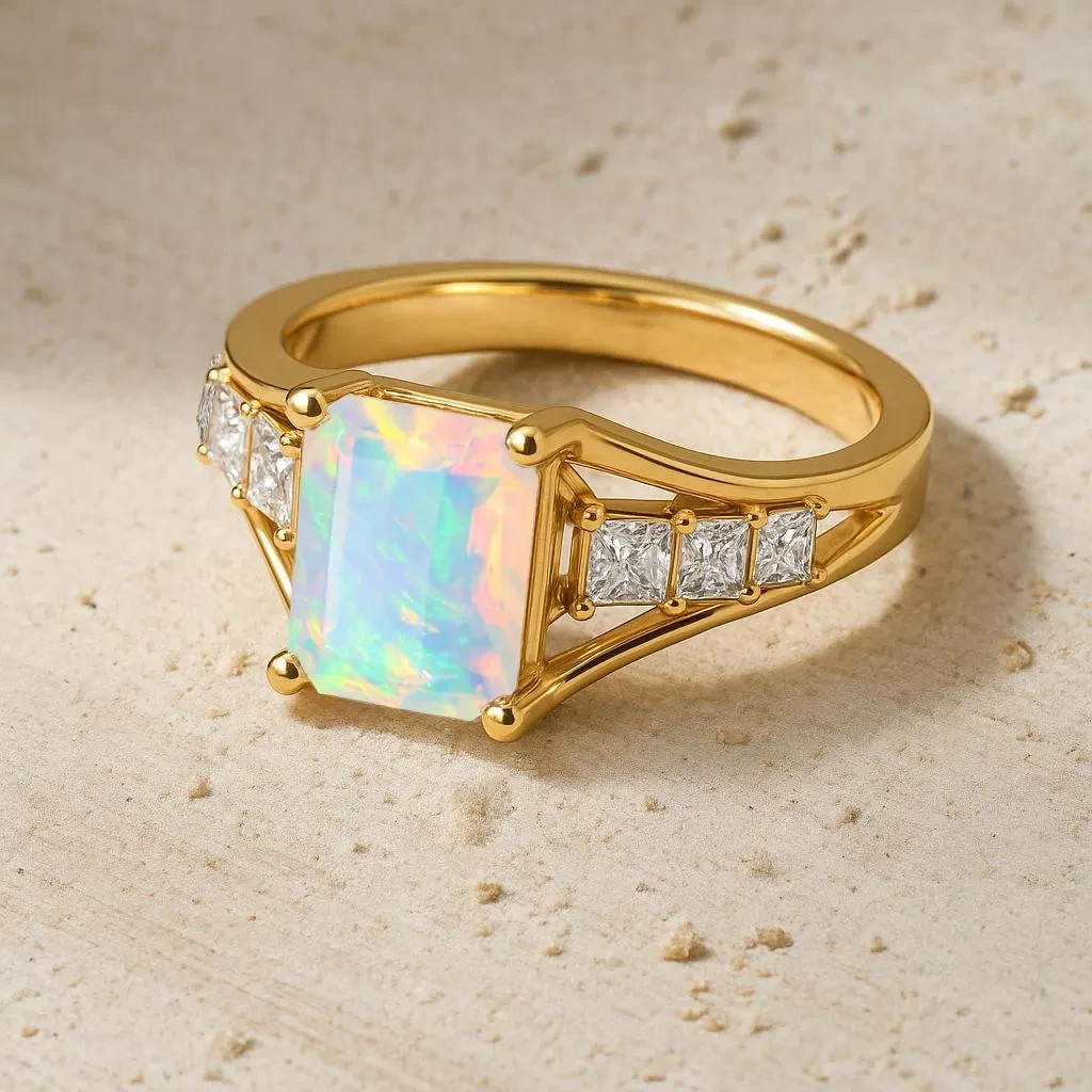 Ethiopian White Opal Octagon Stone Engagement Ring, Genuine Fire Opal Gemstone