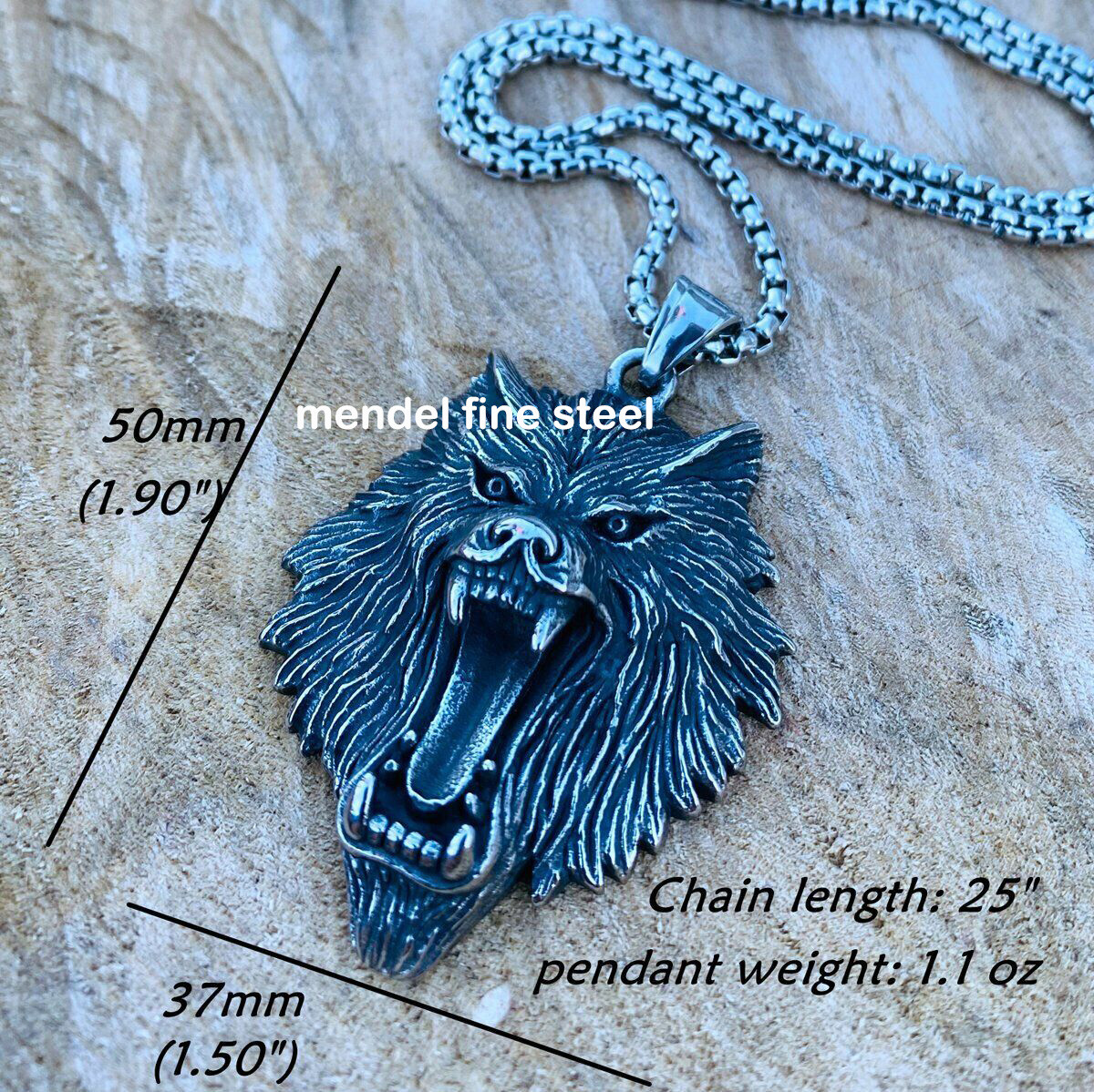 MENDEL Mens Stainless Steel Viking Fenrir Wolf Head Pendant Necklace Men Silver