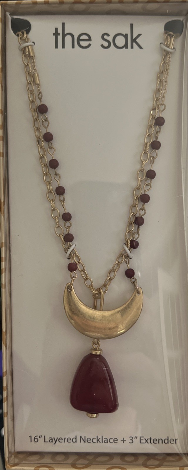 The Sak 16” Layered Necklace W/3” Extender Goldtone Red Pendant Gold Half Moon