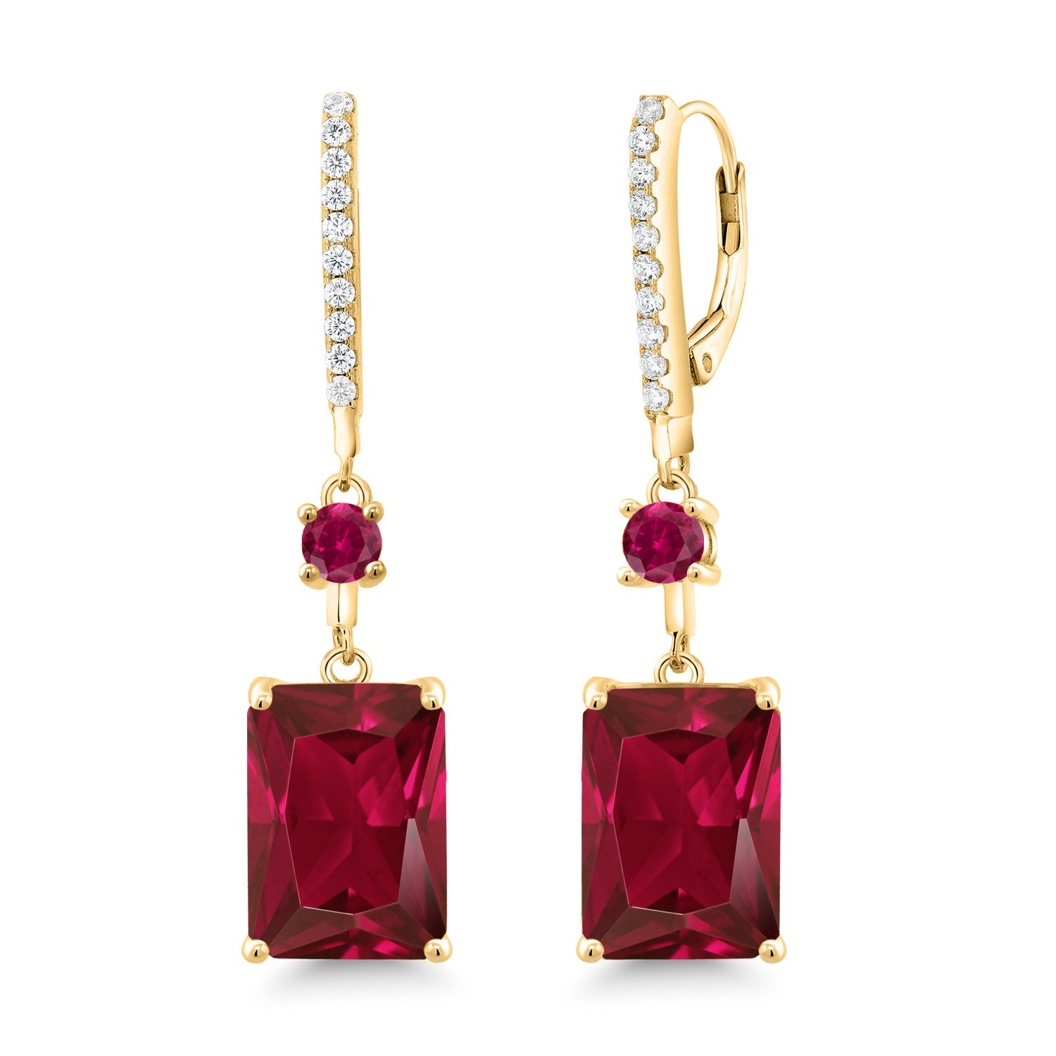 Created Ruby Drop Dangle Earrings For Women | 10.80 Cttw | 14X10MM Emerald Cut