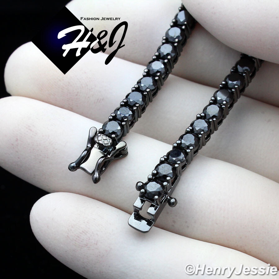 8″MEN 14K BLACK GOLD PLATED ICY BLING CZ 4MM 1 ROW TENNIS CHAIN BRACELET*BB2