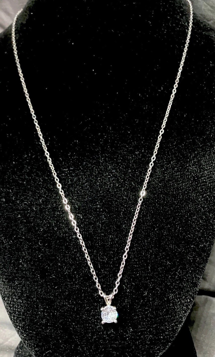 SilvertoneSolitaire 1CT Round Cubic Zirconia Necklace 18” Stainless Steel NEW