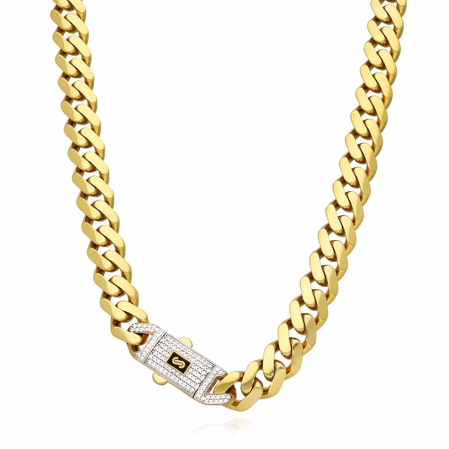 14K Gold Classic Plain with Swarovski Lock 11.5mm Miami Monaco Chain (Hollow) 16