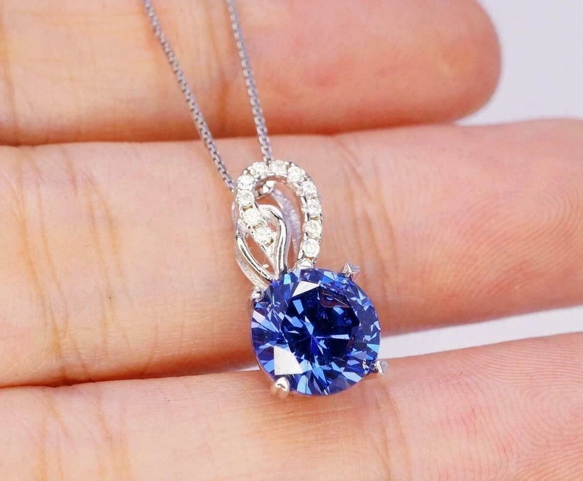 2Ct Round Cut Blue Simulated Tanzanite Solitaire Pendant 14K White Gold Plated