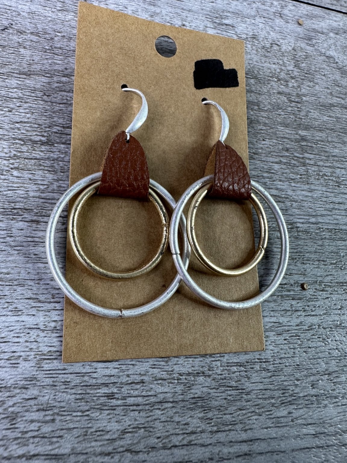 Faux Leather Mixed Metal Dangle Hoop Earrings 2.5″ Drop Silver Gold Tone