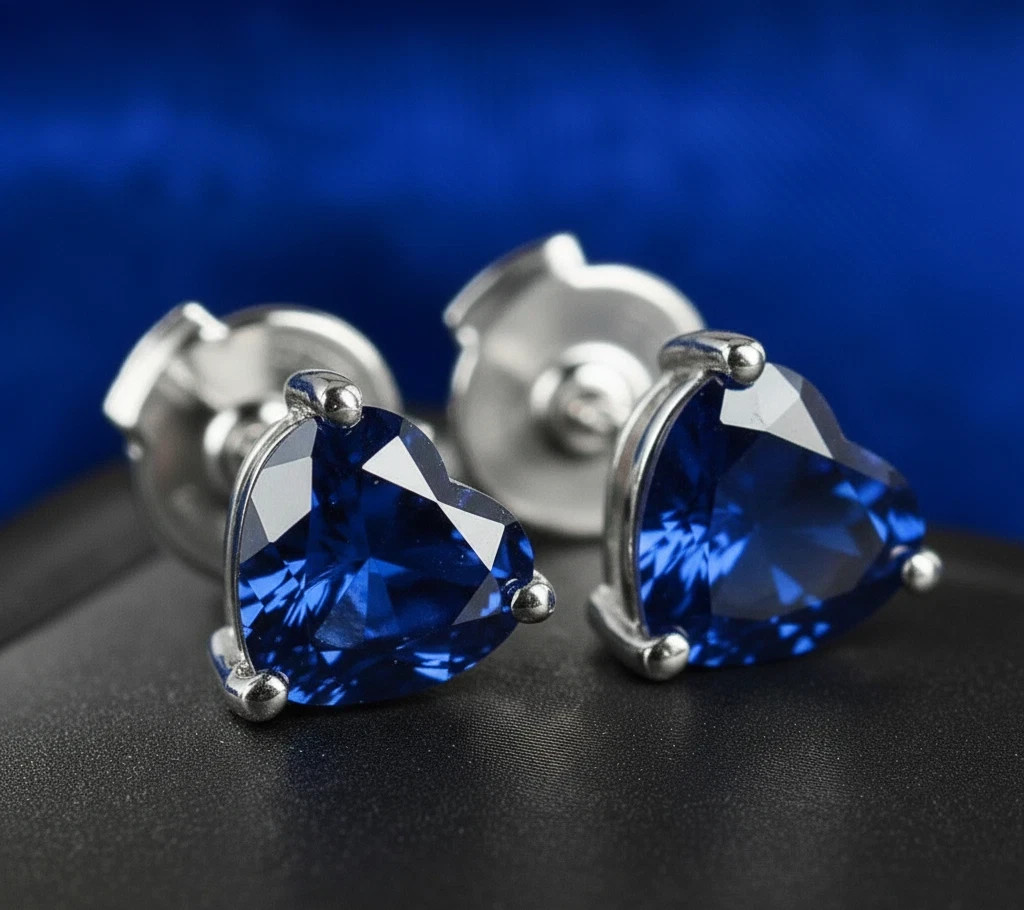 14K White Gold Finish 1.50Ct Simulated Heart Sapphire Solitaire Stud Earrings