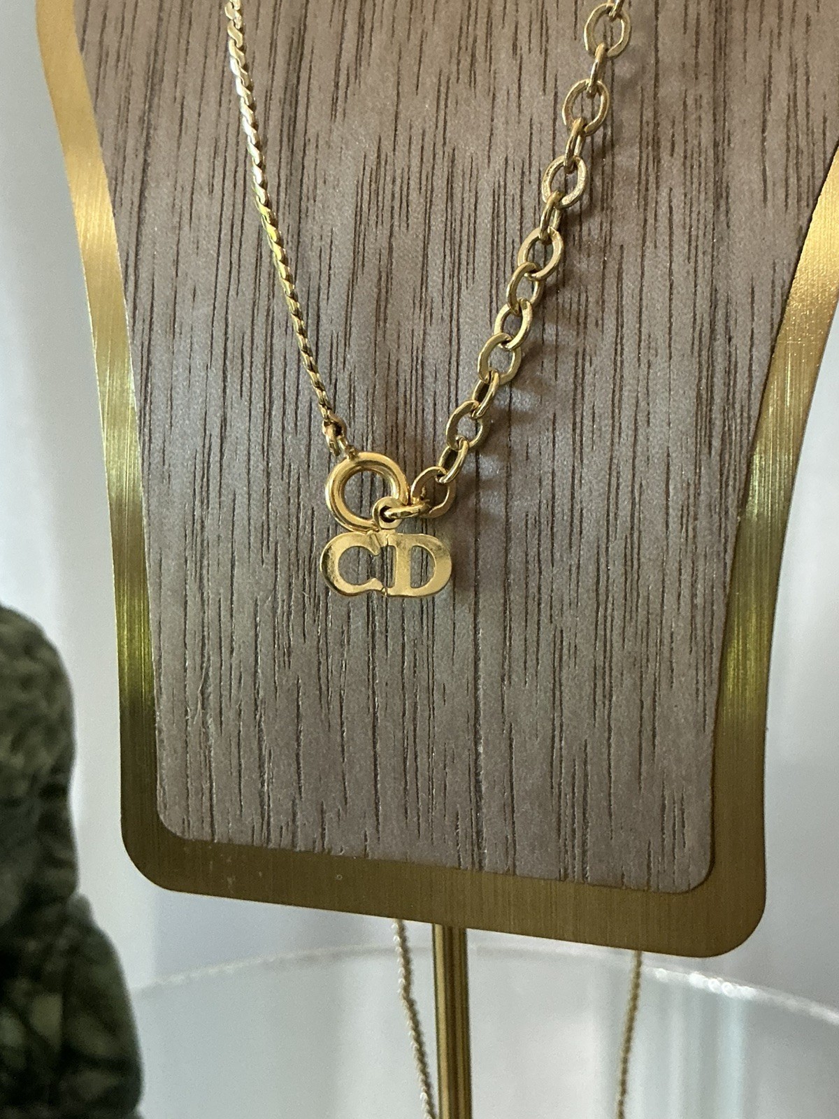 Auth Christian Dior CD Logo Accessory Vintage Pendant Necklace Gold Plated GOOD